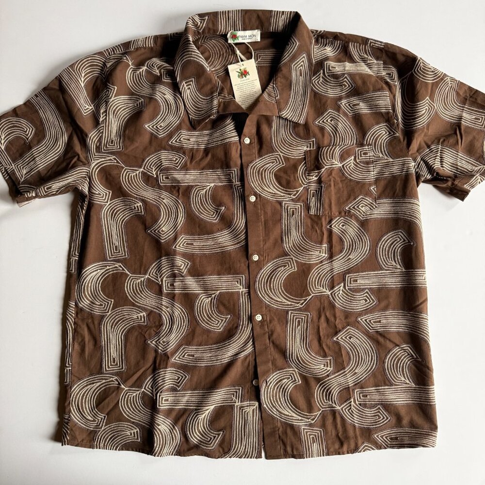 Fanm Mon Brown Embroidered SS Camp Shirt - 100% Cotton - Men's Large - Picture 1 of 6